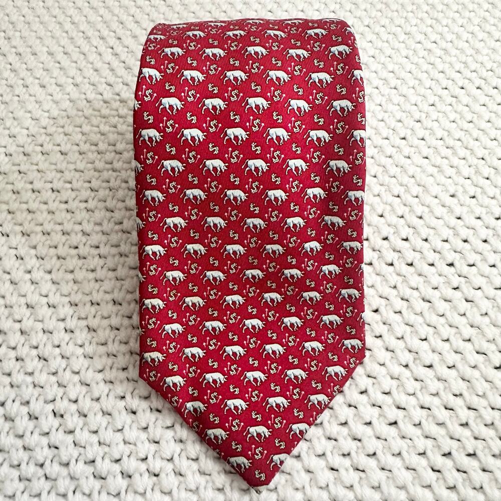 Vineyard Vines Martha Handpicked Shep Ian Red Silk Bull Market Dollar Money Tie - Picture 2 of 7